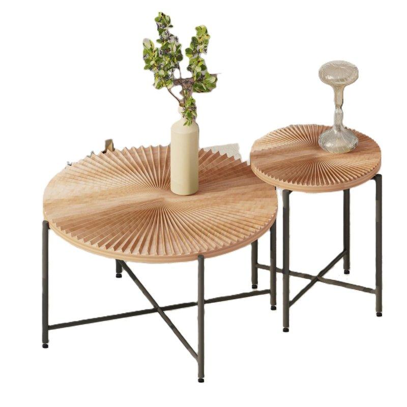 Koyu Ceviz PVC Kaplama MDF Radyal Desenli Metal Ayaklı Yuvarlak Orta Sehpa - 80x49 cm - 240812