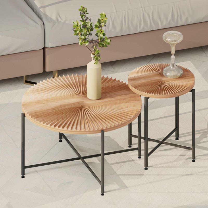Koyu Ceviz PVC Kaplama MDF Radyal Desenli Metal Ayaklı Yuvarlak Orta Sehpa - 80x49 cm - 240812