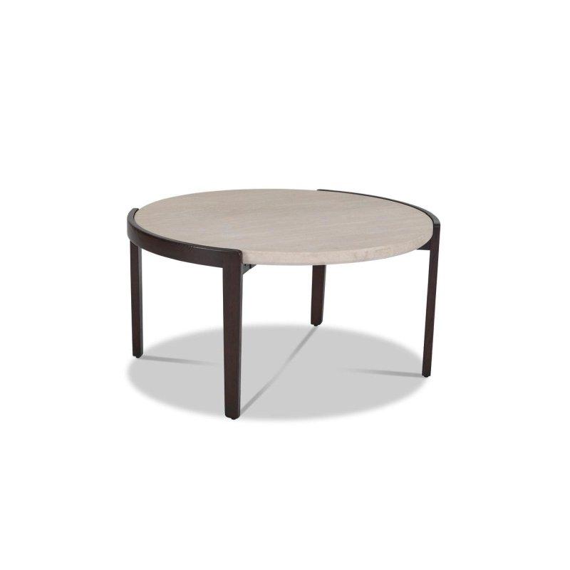Koyu Ceviz Traverten Tablalı Masif Dişbudak Ayarlanabilir Ayaklı Yuvarlak Orta Sehpa - 89x46 cm - 242503