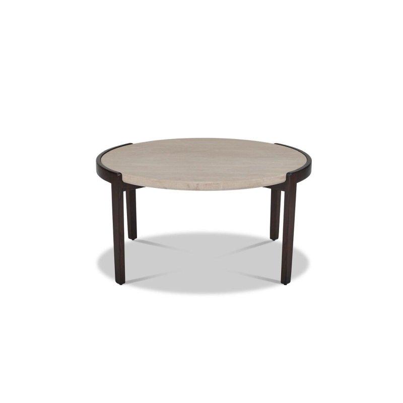 Koyu Ceviz Traverten Tablalı Masif Dişbudak Ayarlanabilir Ayaklı Yuvarlak Orta Sehpa - 89x46 cm - 242503