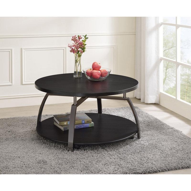 Koyu Gri Ahşap ve Metal Tekerlekli Raflı Yuvarlak Orta Sehpa - 89 cm - 244187