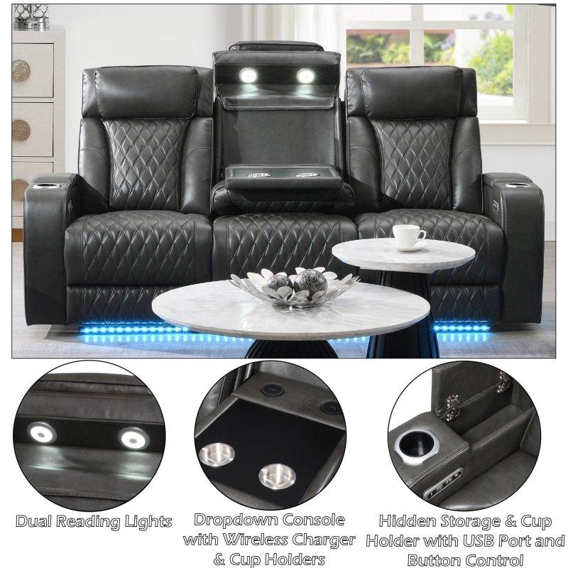 Koyu Gri Suni Deri Elektrikli Mekanizmalı Masaj Fonksiyonlu LED Aydınlatmalı Bohem Koltuk - 214x102x107 cm - 290150