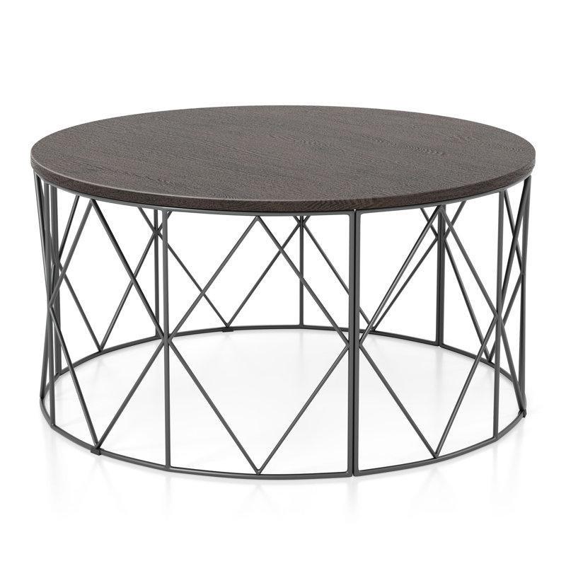 Koyu Kahverengi Ahşap ve Siyah Çelik Geometrik Ayaklı Yuvarlak Orta Sehpa - 90 cm - 244479