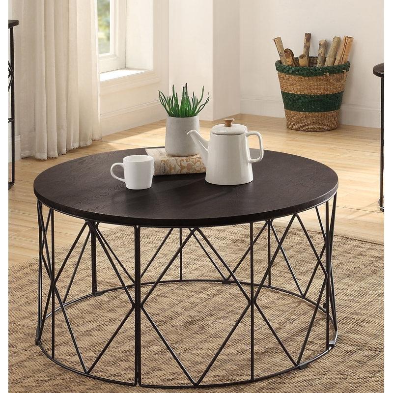 Koyu Kahverengi Ahşap ve Siyah Çelik Geometrik Ayaklı Yuvarlak Orta Sehpa - 90 cm - 244479