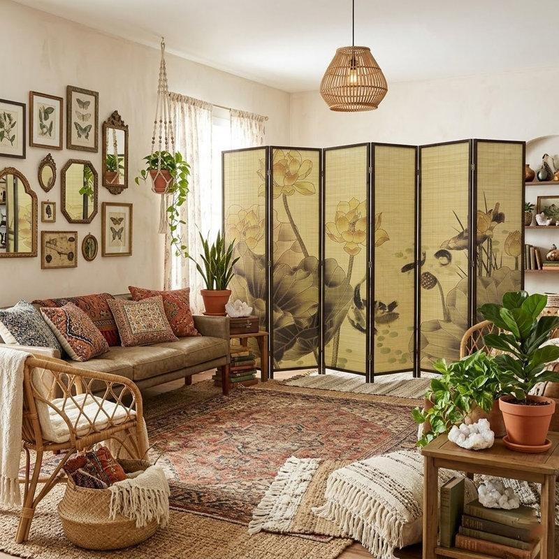 Koyu Kahverengi Çam Masif Ahşap Katlanır Bambu Paravan - 291x180 cm - 321620