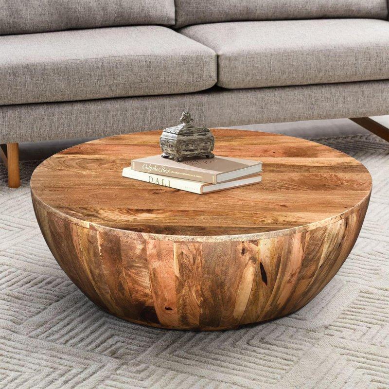 Koyu Kahverengi Mango Ağacı Tambur Tasarım Yuvarlak Orta Sehpa - 91x91x31 cm - 243316