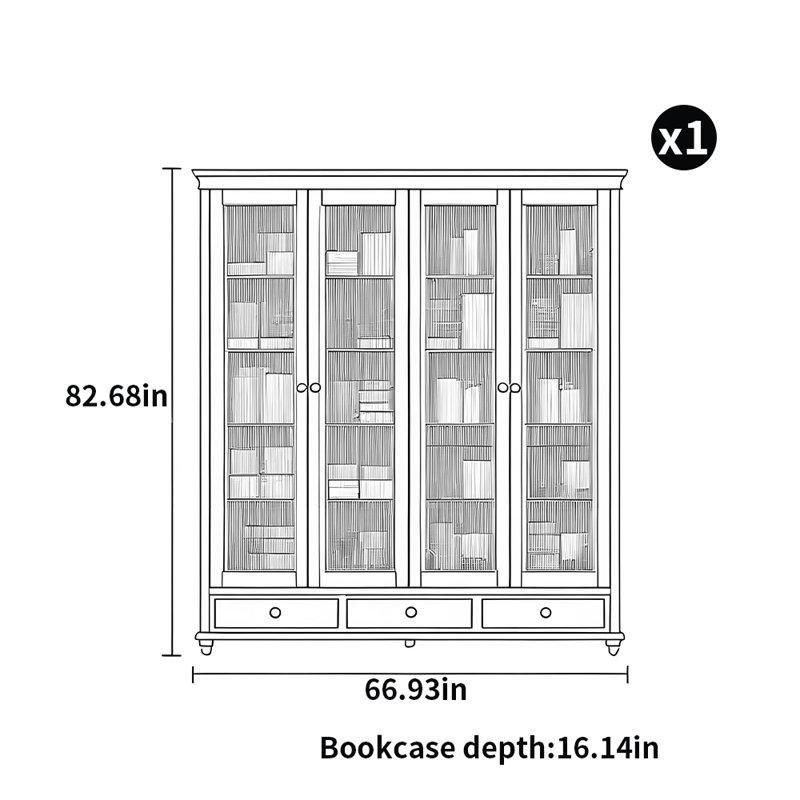 Koyu Kahverengi Masif Ahşap 5 Raflı Çekmeceli Cam Kapaklı Kitaplık - 171x41x211 cm - 238255