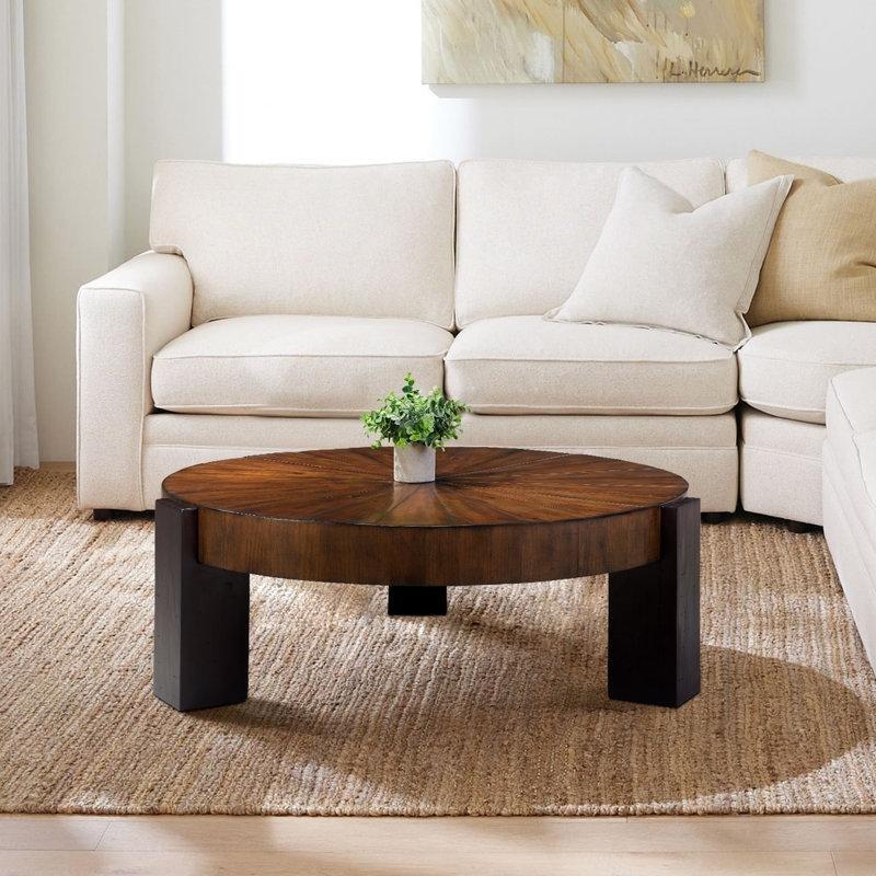 Koyu Kahverengi Masif Ahşap Güneş Işığı Desenli Yuvarlak Orta Sehpa - 102 cm - 245947