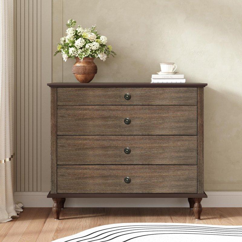 Koyu Kahverengi Masif Ahşap ve MDF 4 Çekmeceli Rustik Şifonyer - 101x45x92 cm - 306992