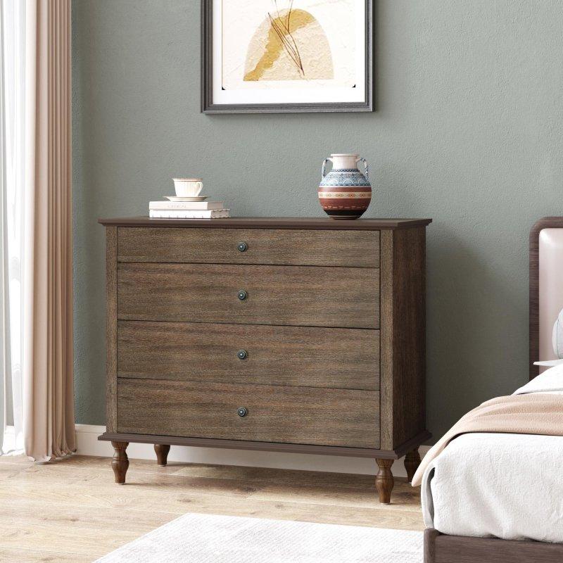 Koyu Kahverengi Masif Ahşap ve MDF 4 Çekmeceli Rustik Şifonyer - 101x45x92 cm - 306992