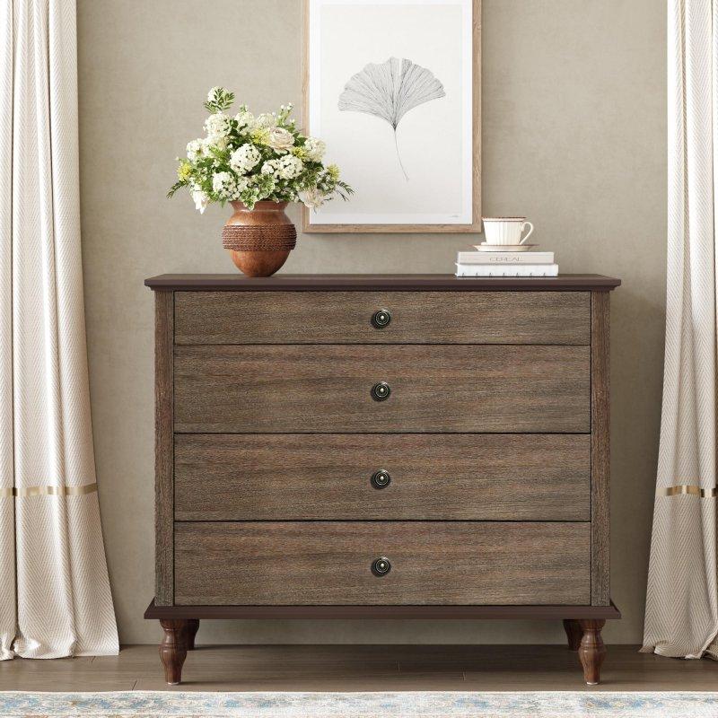 Koyu Kahverengi Masif Ahşap ve MDF 4 Çekmeceli Rustik Şifonyer - 101x45x92 cm - 306992