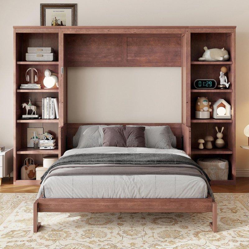 Koyu Kahverengi Masif Çam Ağacı ve MDF Masalı Kitaplıklı Duvar Yatağı - 281x203x209 cm - 266058