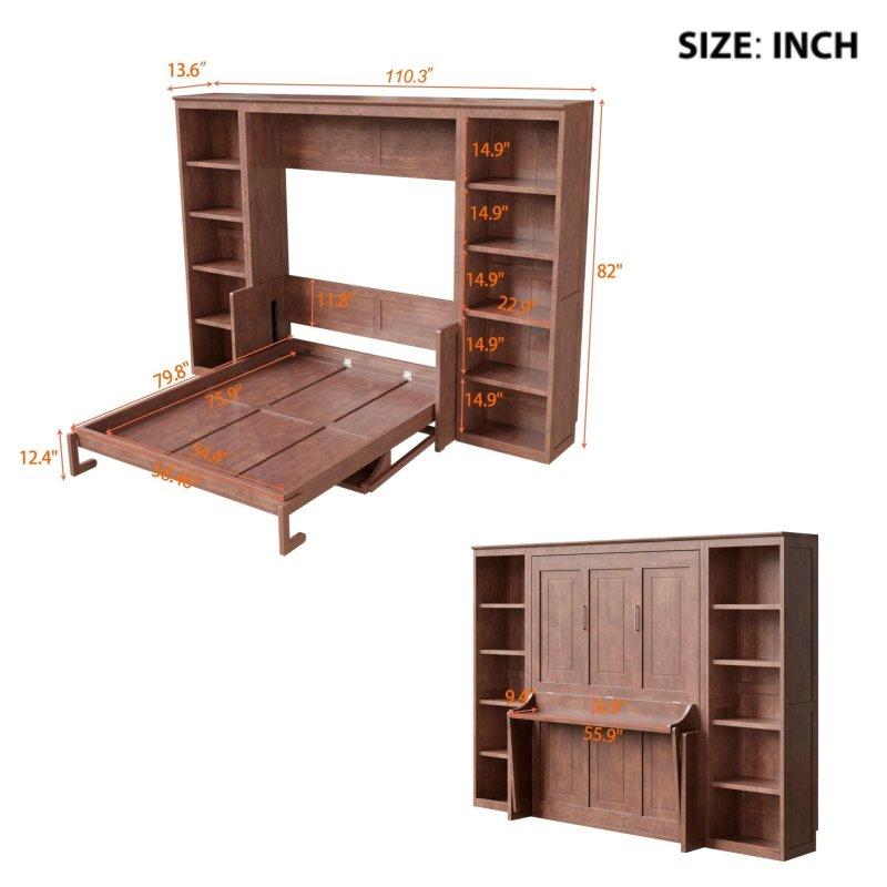 Koyu Kahverengi Masif Çam Ağacı ve MDF Masalı Kitaplıklı Duvar Yatağı - 281x203x209 cm - 266058