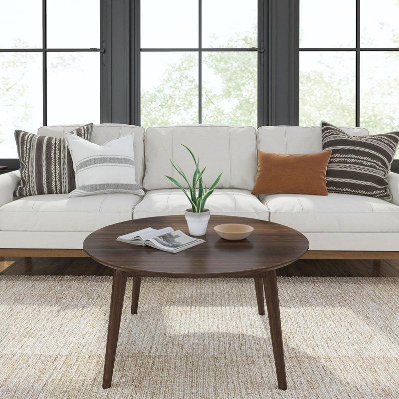 Koyu Kahverengi Masif Çam Ahşap Mid-Century Modern Tasarım Yuvarlak Orta Sehpa - Çap 92 cm - 244831