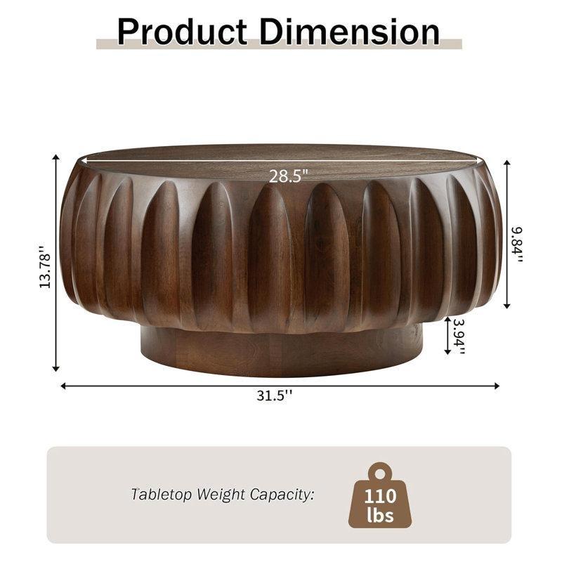 Koyu Kahverengi Masif Huş Ağacı Oymalı Tambur Tasarım Yuvarlak Orta Sehpa - 81 cm - 244587