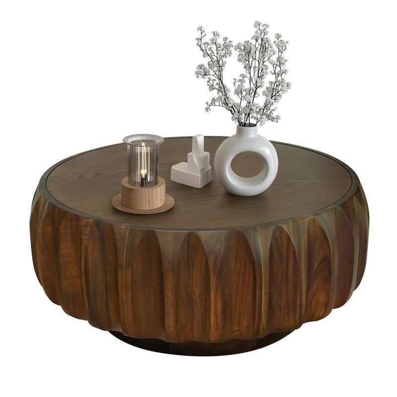 Koyu Kahverengi Masif Huş Ağacı Oymalı Tambur Tasarım Yuvarlak Orta Sehpa - 81 cm - 244587
