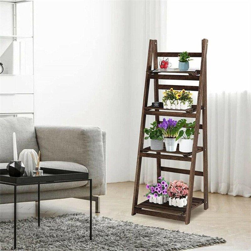 Koyu Kahverengi Masif Pavlonya Ağacı Katlanabilir 4 Raflı Merdiven Kitaplık - 41x110x33 cm - 320065