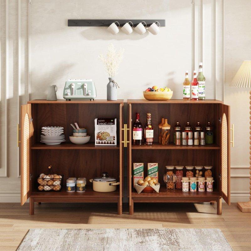 Koyu Kahverengi Rattan Masif Ahşap Ayaklı Gold Kulplu 4 Kapaklı Bohem Konsol - 150 cm - 324662