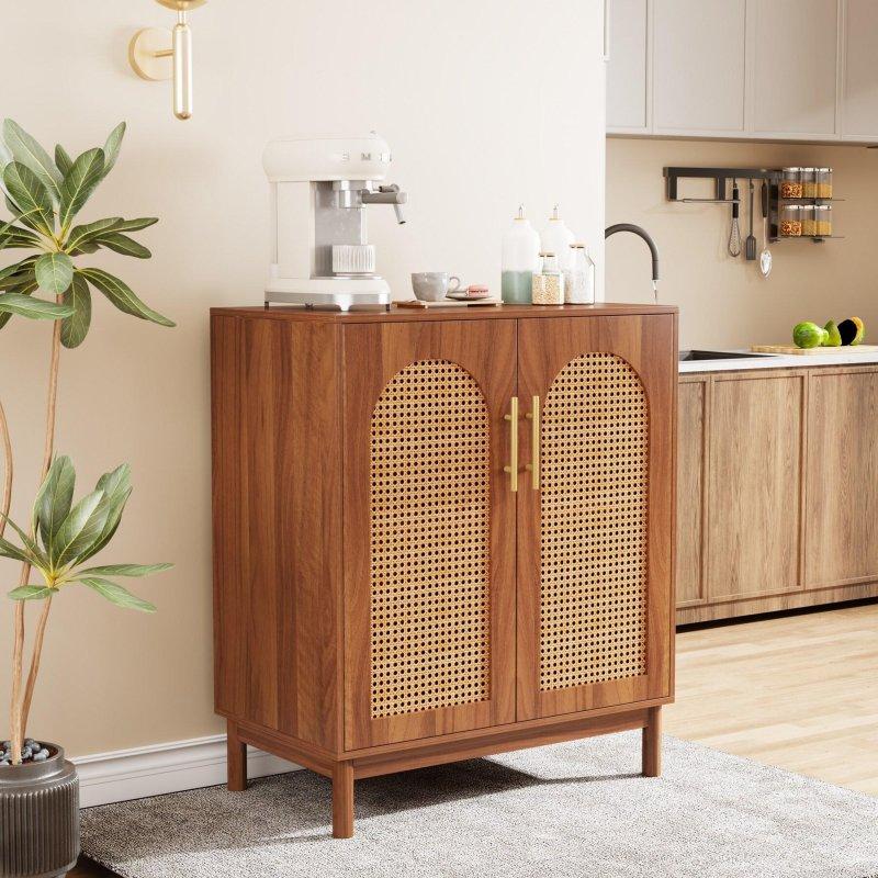 Koyu Kahverengi Rattan Masif Ahşap Ayaklı Gold Kulplu 4 Kapaklı Bohem Konsol - 150 cm - 324662