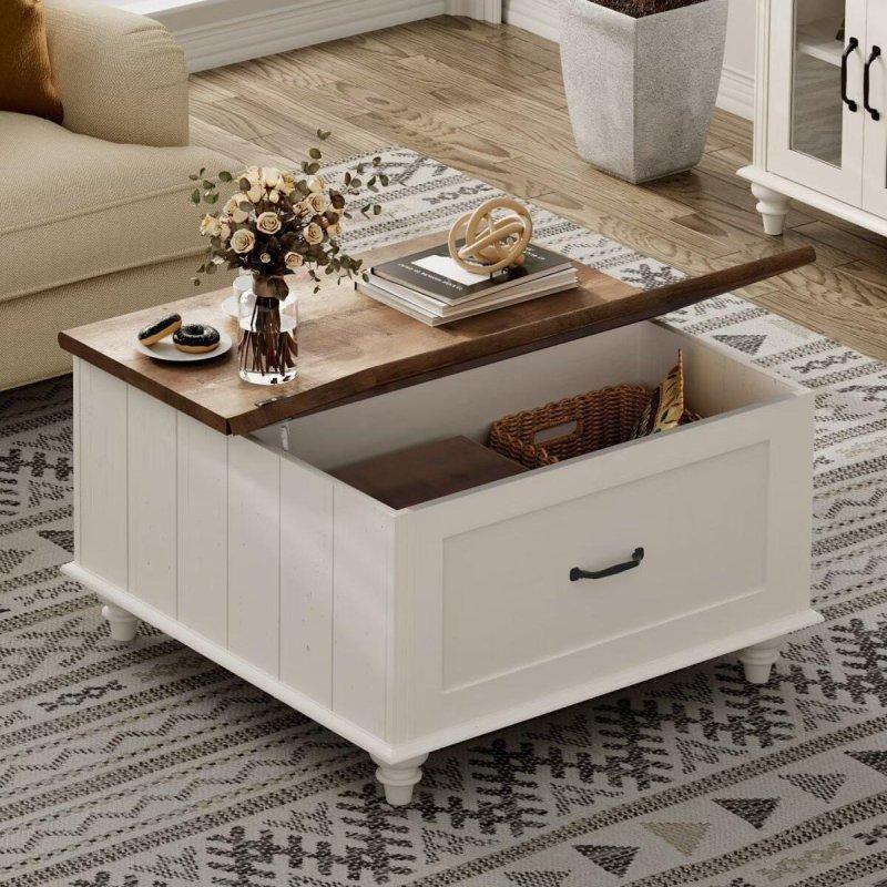 Krem Ahşap Kaldırılabilir Tablalı ve Çekmeceli Akıllı Sehpa - 77x77 cm - 254454