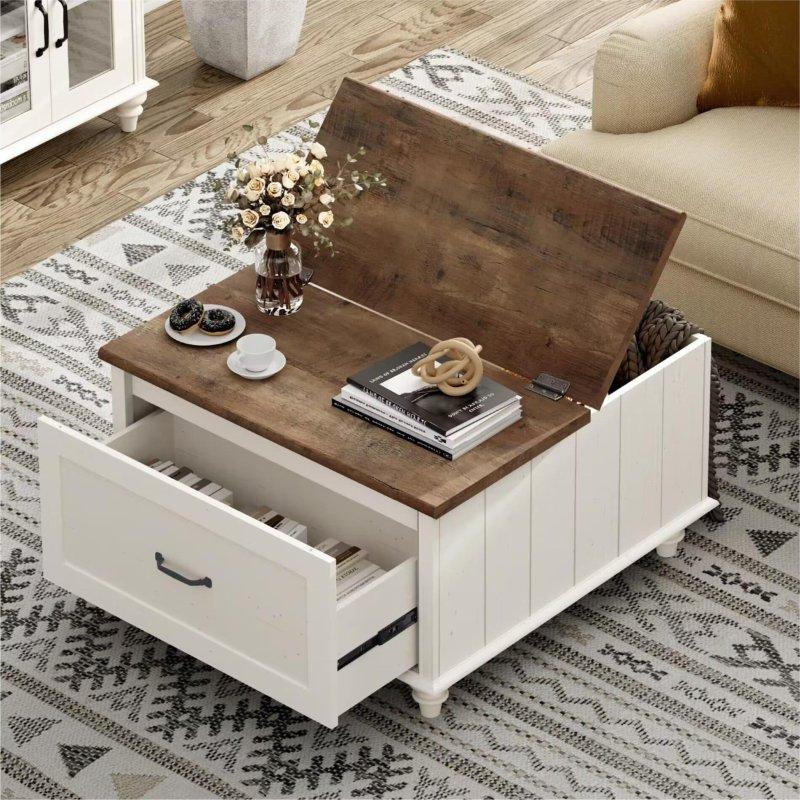 Krem Ahşap Kaldırılabilir Tablalı ve Çekmeceli Akıllı Sehpa - 77x77 cm - 254454