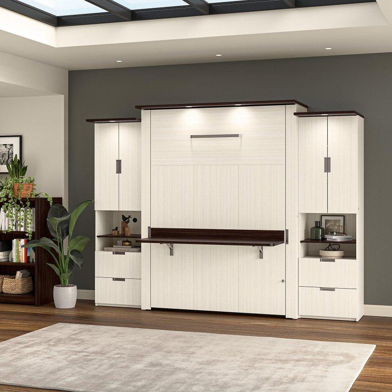 Krem Beyaz Ahşap Masalı 2 Dolaplı LED Aydınlatmalı Çift Kişilik Duvar Yatağı - 263532