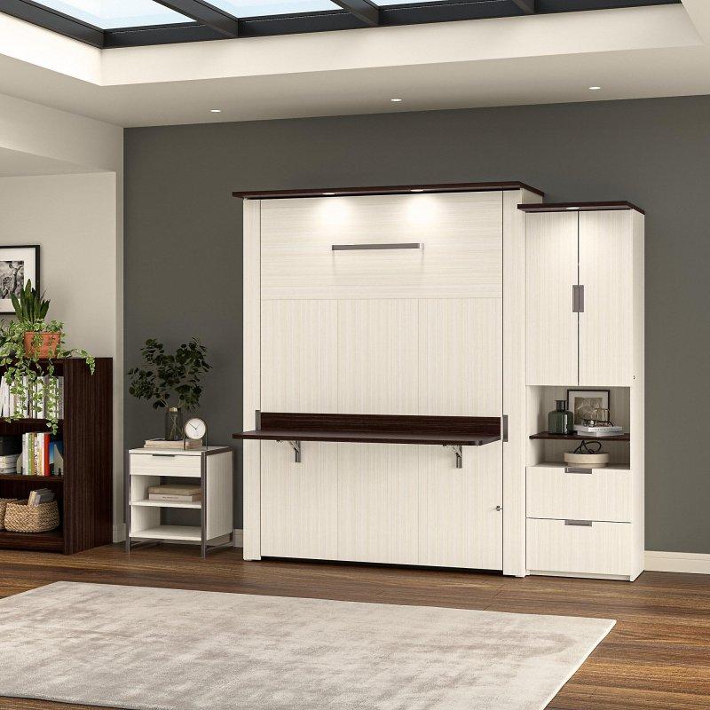 Krem Beyaz Lamine Ahşap LED Işıklı Masalı ve Dolaplı Çift Kişilik Duvar Yatağı - 231 cm - 261004