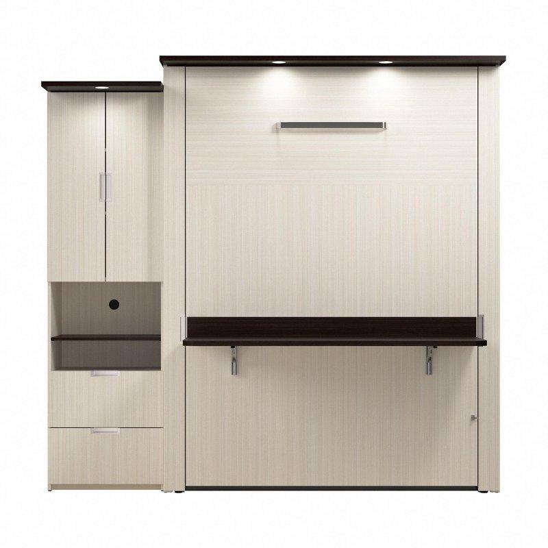 Krem Beyaz Lamine Ahşap LED Işıklı Masalı ve Dolaplı Çift Kişilik Duvar Yatağı - 231 cm - 261004