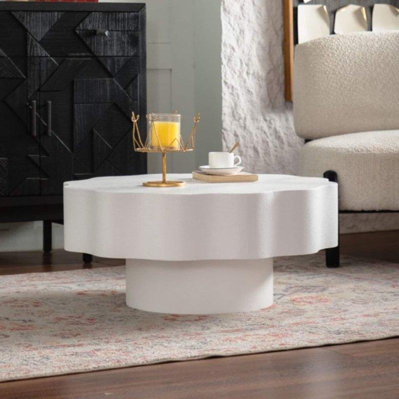 Krem Beyaz MDF Dalgalı Kenarlı Kaide Ayaklı Yuvarlak Orta Sehpa - 81x36 cm - 239825