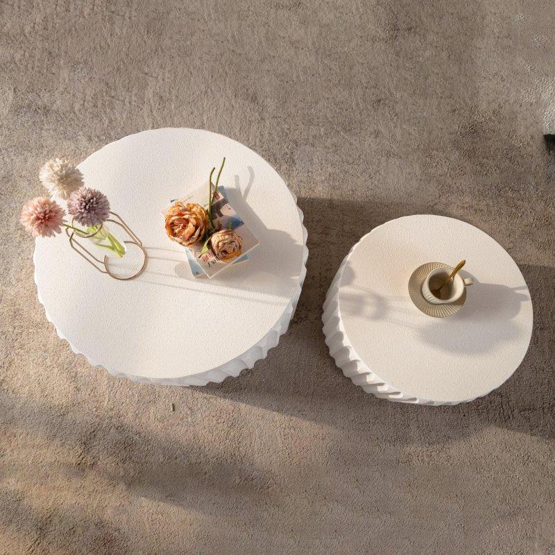 Krem Beyaz MDF Dalgalı Kenarlı Zigon İkili Set Yuvarlak Orta Sehpa - 68 cm - 240007