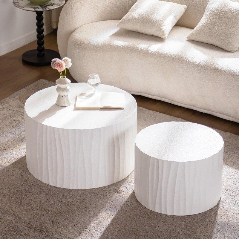 Krem Beyaz MDF El Oyması Kabartma Tasarımlı İç İçe Geçen 2li Set Yuvarlak Orta Sehpa - 68x39 cm - 240641