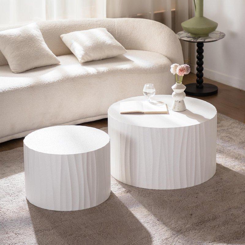 Krem Beyaz MDF El Oyması Kabartma Tasarımlı İç İçe Geçen 2li Set Yuvarlak Orta Sehpa - 68x39 cm - 240641
