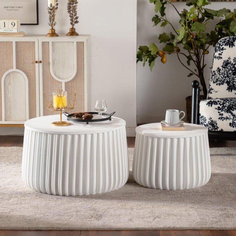 Krem Beyaz MDF Saklama Alanlı İç İçe Geçen Yuvarlak Orta Sehpa Seti - 68 cm - 240741