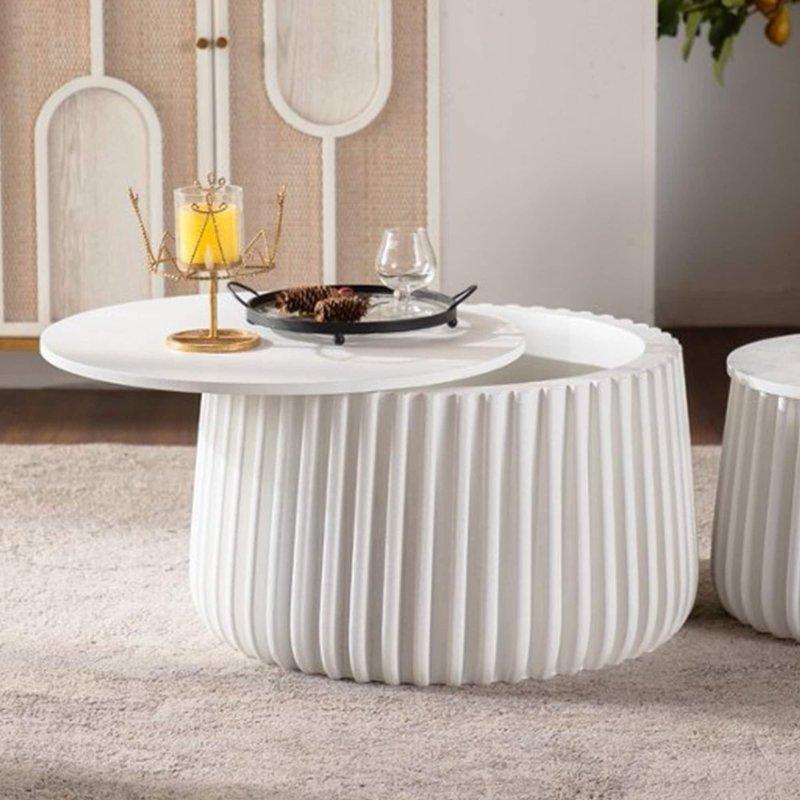 Krem Beyaz MDF Saklama Alanlı İç İçe Geçen Yuvarlak Orta Sehpa Seti - 68 cm - 240741