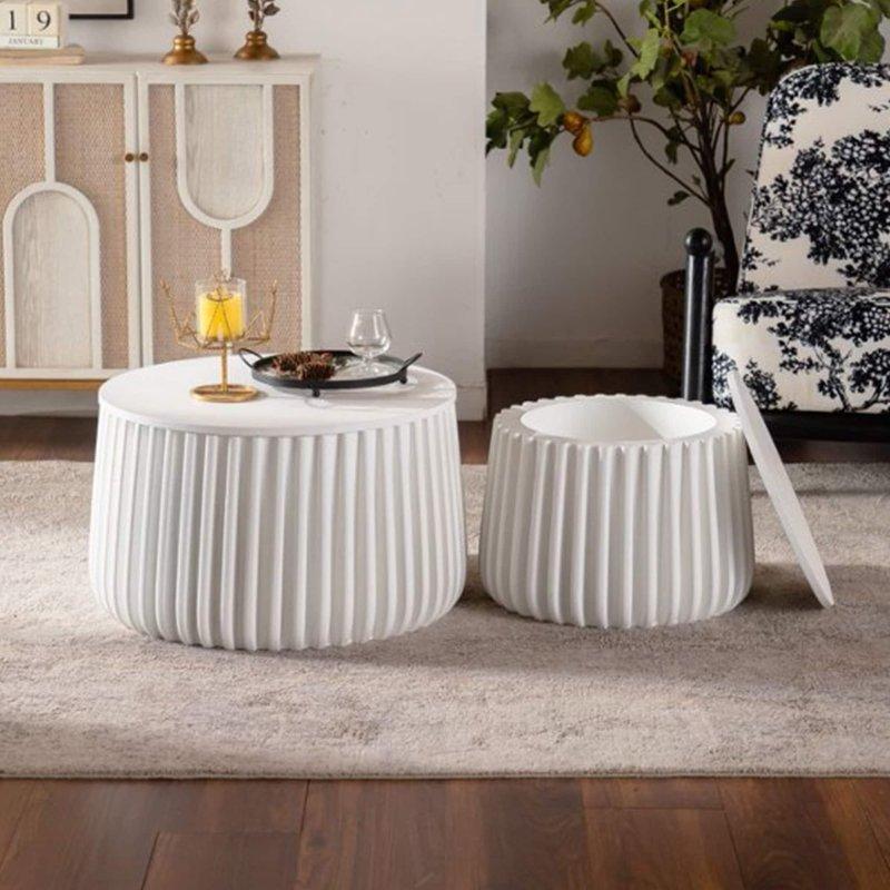 Krem Beyaz MDF Saklama Alanlı İç İçe Geçen Yuvarlak Orta Sehpa Seti - 68 cm - 240741