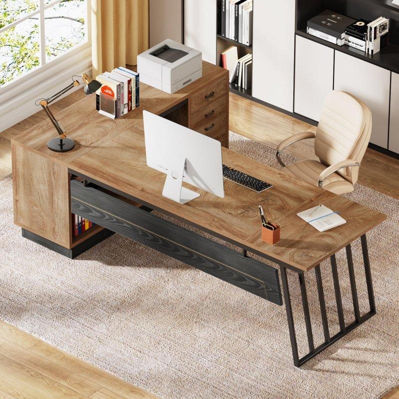 Krem Beyaz ve Ceviz MDF Metal Kabinli Çekmeceli L Tipi Ofis Masası - 181x136 cm - 326566
