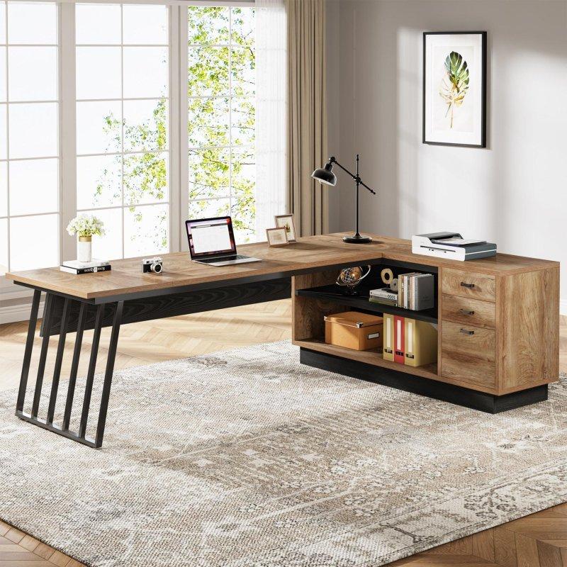 Krem Beyaz ve Ceviz MDF Metal Kabinli Çekmeceli L Tipi Ofis Masası - 181x136 cm - 326566