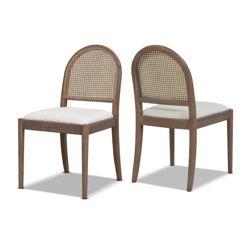 Krem Bukle Döşemeli Masif Meşe Kavisli Rattan Sandalye 2li Set - 251691