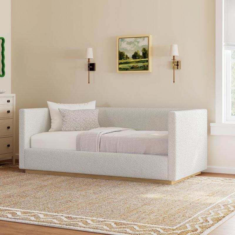 Krem Bukle Kumaş Döşemeli Masif Ahşap Sırtlıklı Daybed Karyola - 83x111x213 cm - 329269