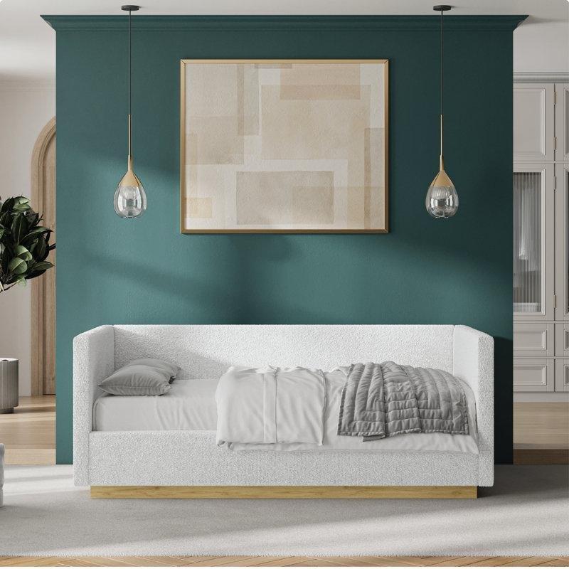 Krem Bukle Kumaş Döşemeli Masif Ahşap Sırtlıklı Daybed Karyola - 83x111x213 cm - 329269