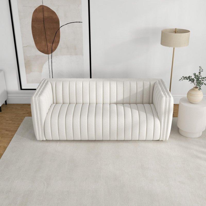 Krem Bukle Kumaş Kapitoneli Ahşap 3 Kişilik Bohem Koltuk - 219 cm - 285455