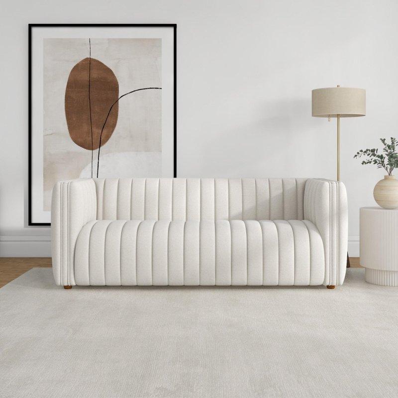 Krem Bukle Kumaş Kapitoneli Ahşap 3 Kişilik Bohem Koltuk - 219 cm - 285455