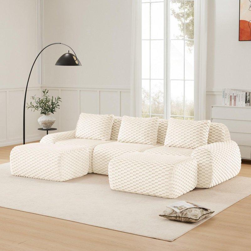 Krem Flanel Kumaş Modüler Kuş Tüyü Dolgulu Kapitoneli Bohem Koltuk - 291 cm - 284807