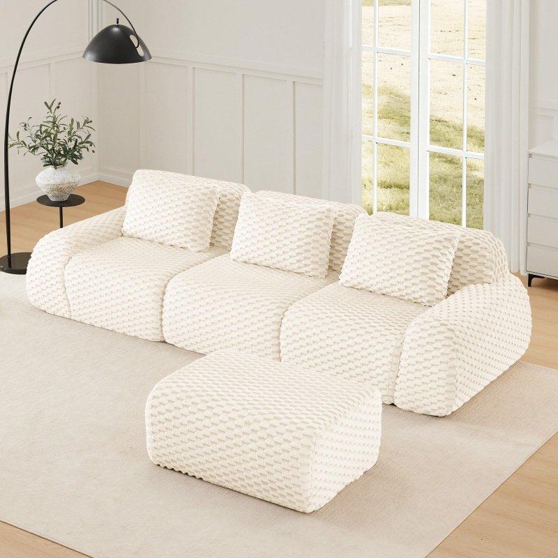 Krem Flanel Kumaş Modüler Puflu Derin Oturumlu Bohem Koltuk - 290 cm - 290663