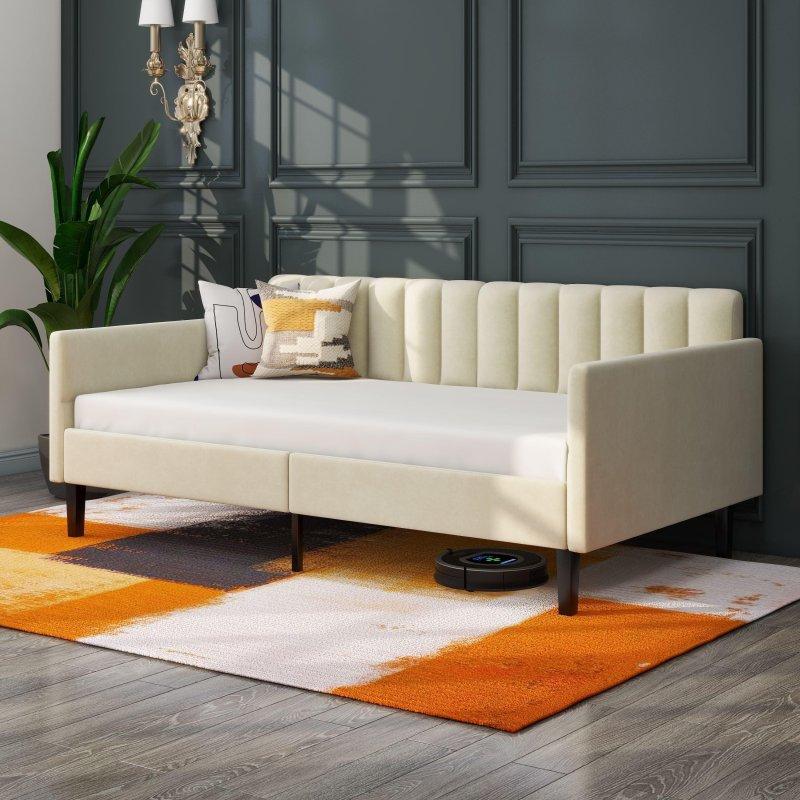 Krem Kadife Döşemeli Nervürlü Kapitoneli Daybed Karyola - 200x111 cm - 330391