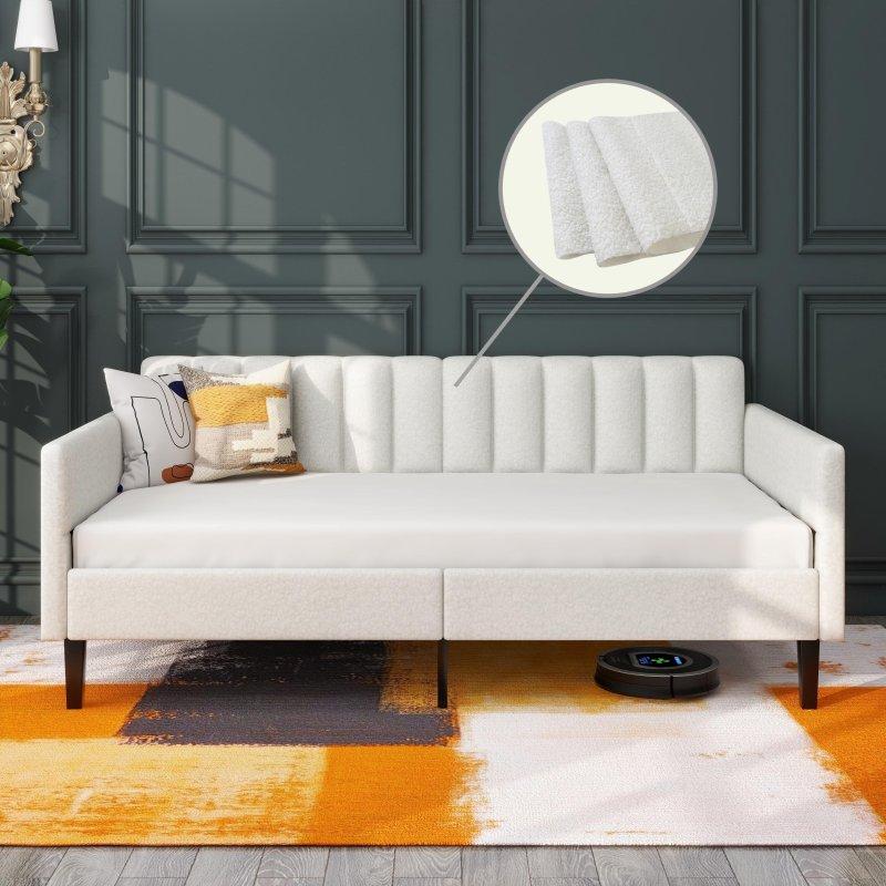 Krem Kadife Döşemeli Nervürlü Kapitoneli Daybed Karyola - 200x111 cm - 330391