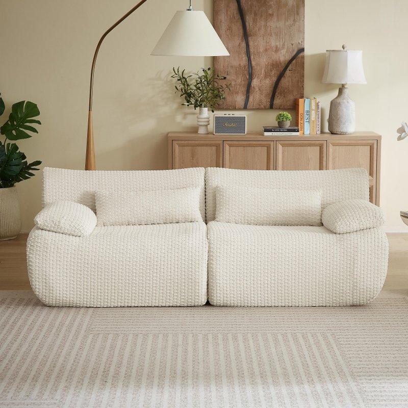 Krem Kadife Kumaş Kurulum Gerektirmeyen 2 Kişilik Bohem Koltuk - 201 cm - 289796