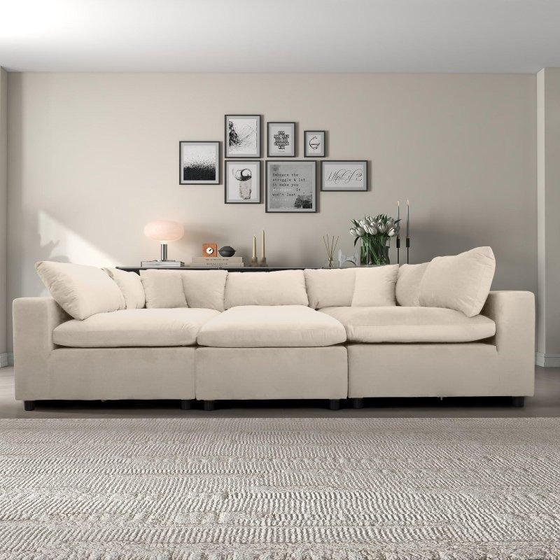 Krem Kadife Modüler 6 Kişilik Köşe Koltuk - 286x184 cm - 257759