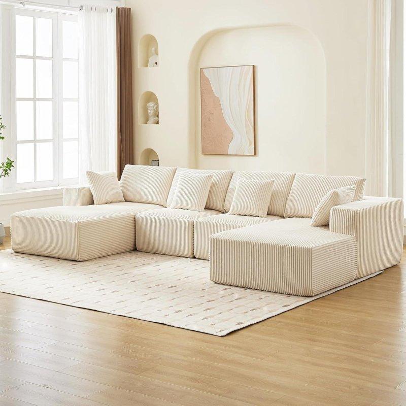 Krem Kadife U Şekilli Modüler Çift Şezlonglu Bohem Koltuk - 348 cm - 288811