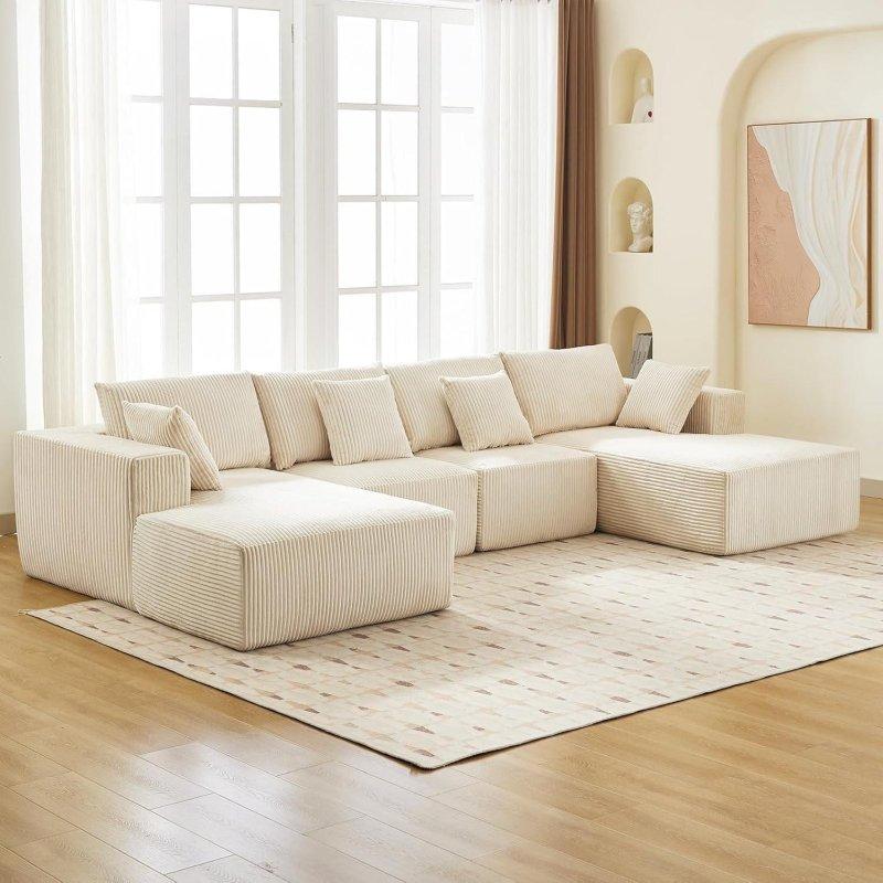 Krem Kadife U Şekilli Modüler Çift Şezlonglu Bohem Koltuk - 348 cm - 288811